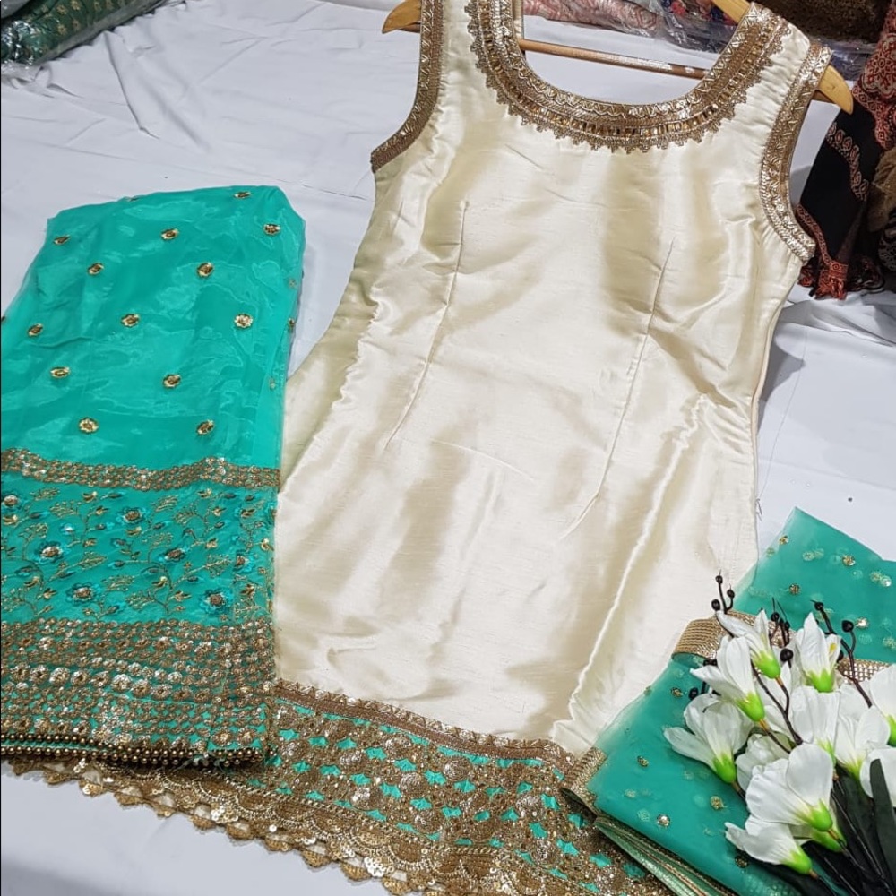 Indian Pakistani sharara - off white and sea green